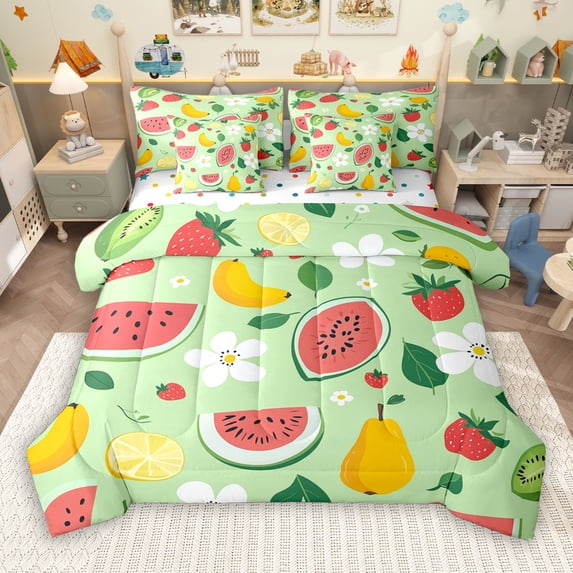 Manfei Teens Fruit Strawberry 7pcs Bedding Comforter Set, Pear Watermelon Cartoon Queen Bedding Sets, Cute Flower Plant Reversible Queen Sheet Sets, Microfiber Bedroom Decor