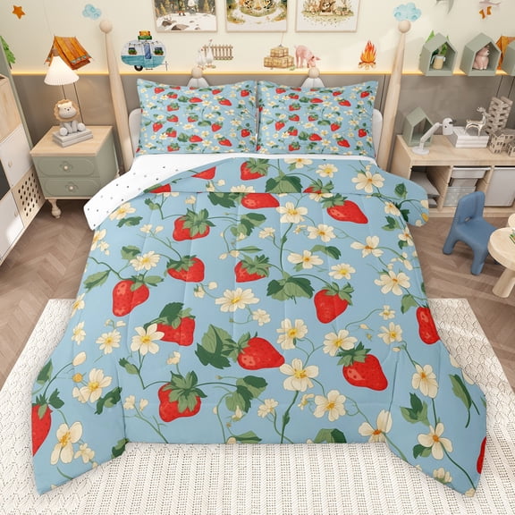 Manfei Teens Fruit Strawberry Queen Comforter Set, Blue Cartoon Bedding Sets, Tropic Flower Plant Reversible Bedding Comforter Set, Microfiber Bedroom Decor, 3pcs