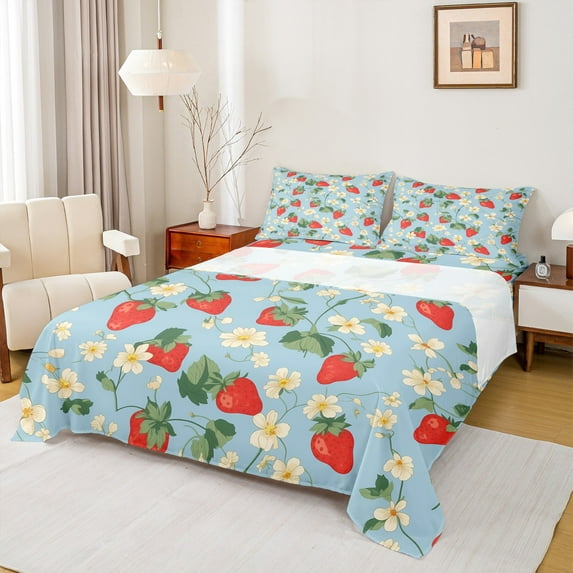 Manfei Teens Fruit Strawberry Twin Sheet Sets, Blue Cartoon Twin Fitted Sheet, Tropic Flower Plant Flat Sheet, Microfiber Bedroom Decor, 3pcs