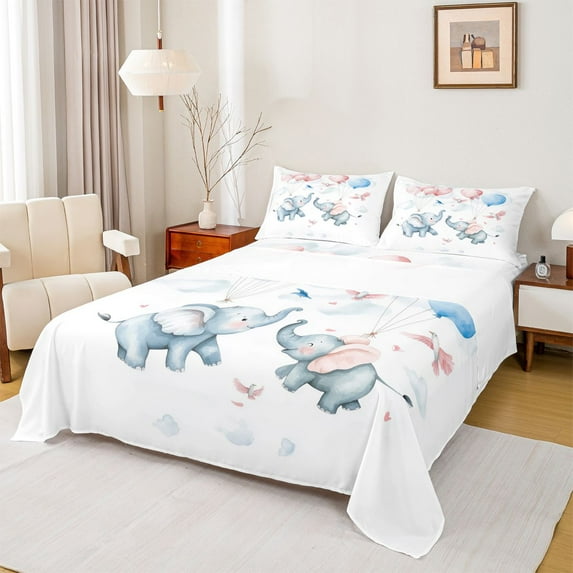 Homewish Teens Funny Elephant Twin Sheet Sets, Cartoon Balloon Cloud Twin Fitted Sheet, Kawaii Cute Animal Flat Sheet, Lightweight Room Decor, 3pcs
