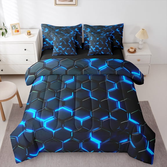 Manfei Teens Futuristic Honeycomb Bedding Comforter Set 7-Piece, Blue Abstract Ombre King Bedding Sets, Geometric Stripes Reversible Bed Sheets, Microfiber Bedroom Decor