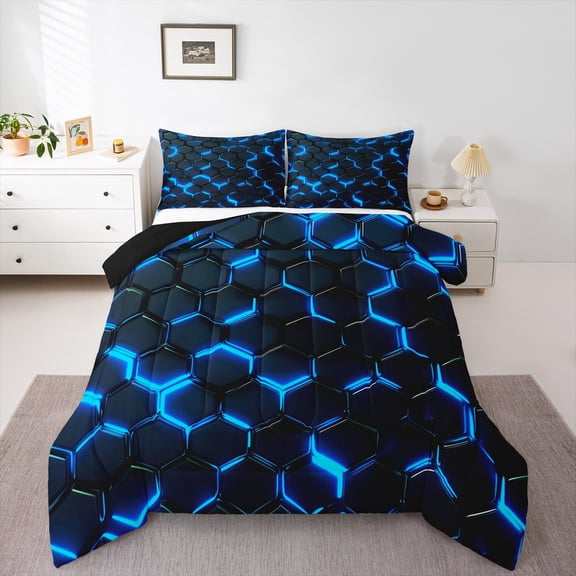 Manfei Teens Futuristic Honeycomb Bedding Comforter Set, Blue Abstract Ombre Twin Comforter Sets, Geometric Stripes Reversible Bedding Set, Microfiber Bedroom Decor, 2 Pieces