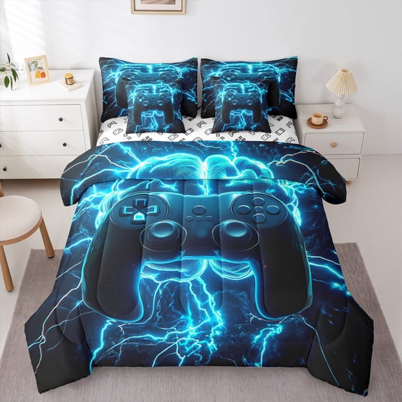 Manfei Teens Game Console 7-Piece Twin Bedding Sets,Gamer Gaming Bedding Comforter Set,Blue Black Sheet Sets For Boys,Breathable Bedroom Decorative Reversible