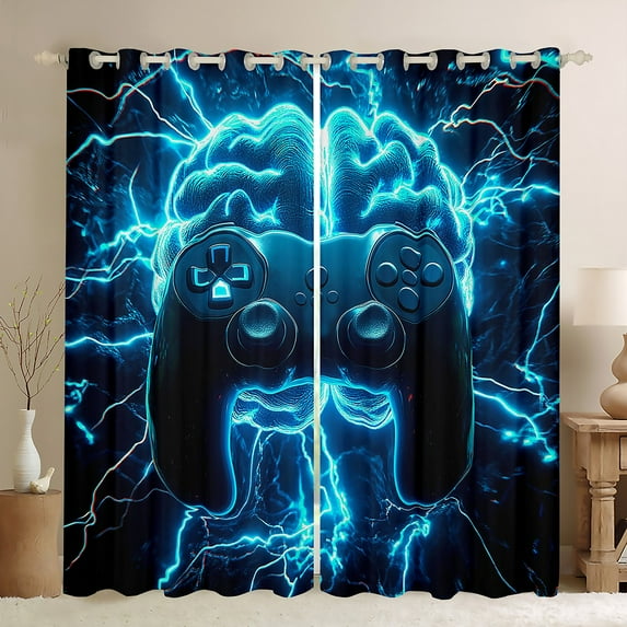 Manfei Teens Game Console Blackout Curtains Set of 2 (38x54 Each),Gamer Gaming Curtains and Drapes,Blue Black Living Room Curtains For Boys,Breathable Bedroom Decorative