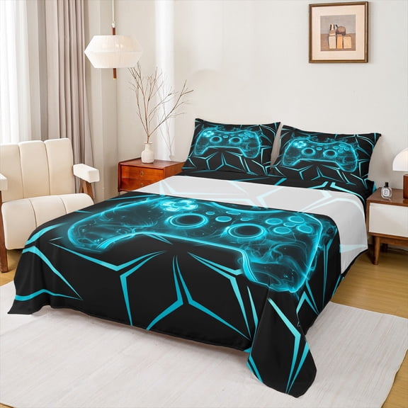 Manfei Teens Game Console Twin Sheet Sets, Black Cyan Neon Gradient Twin Fitted Sheet, Modern Video Game Lover Flat Sheet, Luxury Bedroom Decor, 3pcs