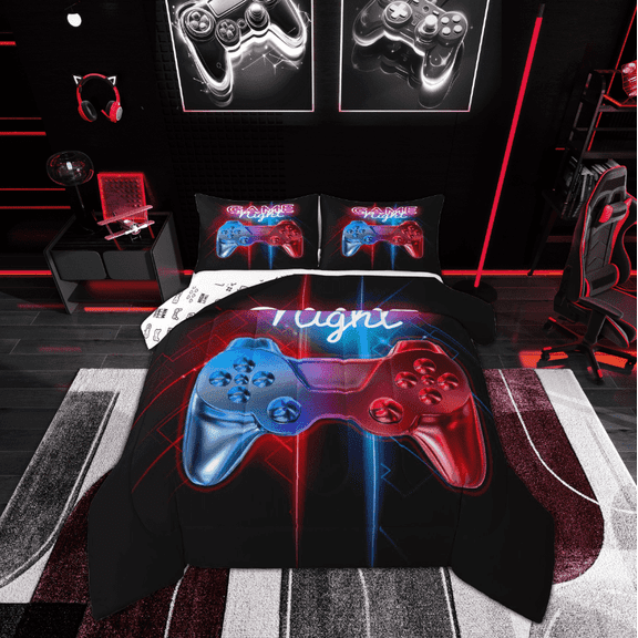 Manfei Teens Gamepad Print Comforter Sets Twin Size, Blue Red Down Comforter, Game Console Reversible Bedding Twin Comforter Set, Microfiber Bedroom Decor, 2 Pieces