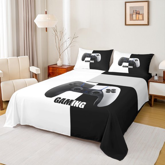Manfei Teens Gamepad Twin Sheet Sets,Modern Gamer Twin Fitted Sheet,Black Gray Video Game Flat Sheet For Boys Kids,Ultra Soft Home Decor,3pcs