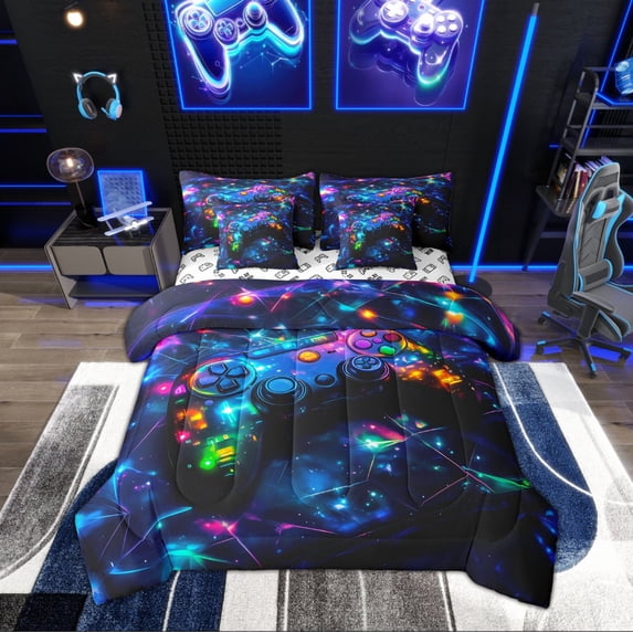 Manfei Teens Gamer Gamepad Twin Bedding Sets, Video Game Controller Reversible Bedding Set, Lightweight Bedroom Decor, 7 Pieces