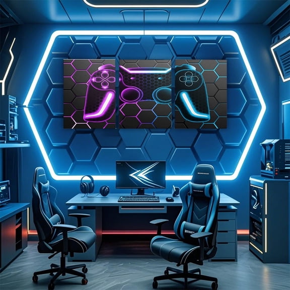 Manfei Teens Gamer Gaming Canvas Wall Art for Living Room, Video Game Wall Hanging Decor for Bedroom, Geometric Pink Blue Honeycomb Wall Decor for Bathroom, Luxurious Living Room Decor