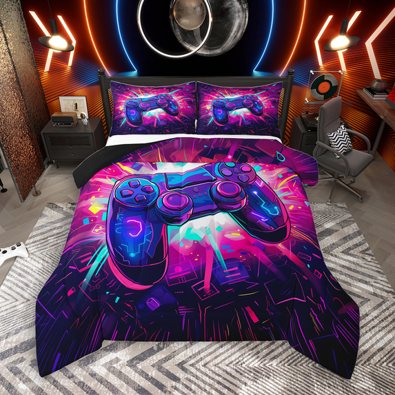 Manfei Teens Gamer Gaming Full Size Comforter Sets 3-Piece, Neon Gradient Geometric Bedding Comforter Set, Game Console Print Bedding Sets, Lightweight Room Decor