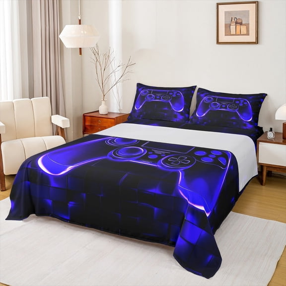 Manfei Teens Gaming Bed Sheets Set Twin Size, Neon Blue Gamepad Bed Sheets Twin, Honeycomb Geometric Bedding Twin Size, Ultra Soft Room Decor, 3 Pieces