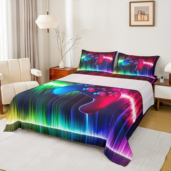 Manfei Teens Gaming Gamer Queen Sheet Sets, Rainbow Neon Lights Flat Sheet, Video Game Theme Queen Fitted Sheet, Luxury Bedroom Decor 4-Piece