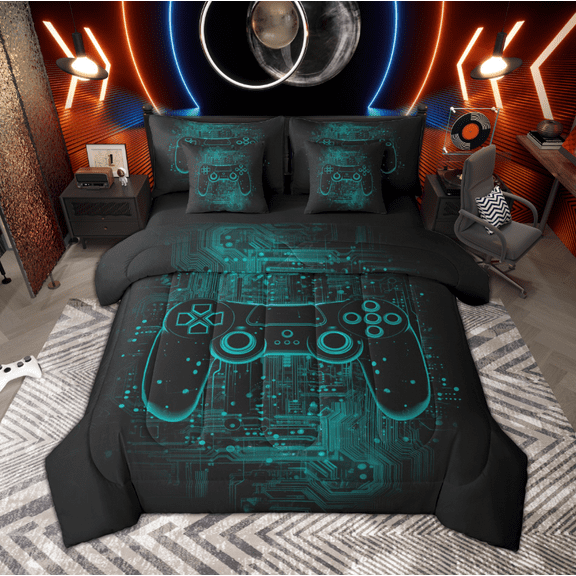 Manfei Teens Gaming Gamer Twin Bedding Sets 7pcs, Black Teal Gamepad Bedding Comforter Set, Modern Circuit Board Sheet Sets, Microfiber Bedroom Decor