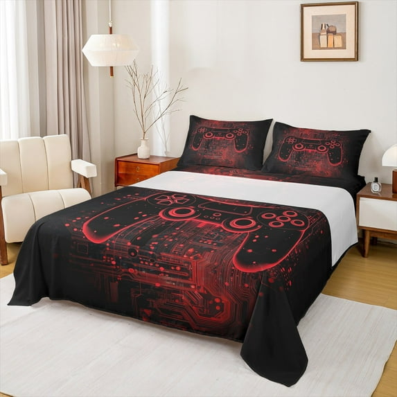 Manfei Teens Gaming Gamer Twin Sheet Sets, Black Red Gamepad Twin Fitted Sheet, Modern Circuit Board Flat Sheet, Breathable Home Decor 3 Pieces