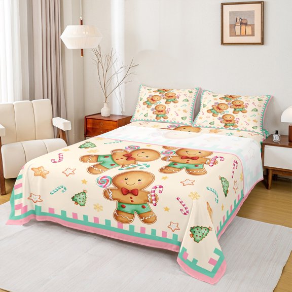 Manfei Teens Gingerbread Man Queen Sheet Sets, Yellow Cartoon Xmas Tree Flat Sheet, Merry Christmas Queen Fitted Sheet, Lightweight Room Decor, 4 Pieces