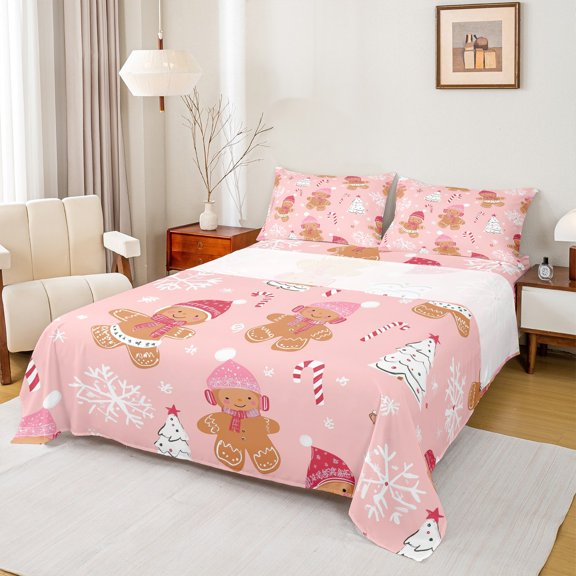 Manfei Teens Gingerbread Man Twin Sheet Sets, Cartoon Xmas Tree Snowflake Twin Fitted Sheet, Merry Christmas Flat Sheet, Luxury Bedroom Decor, 3pcs