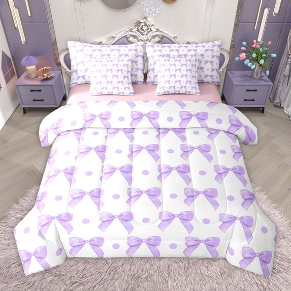 Manfei Teens Girls Cute Bow-Tie 7-Piece Bedding Comforter Set,Dreamy Princess Bowknot King Bedding Sets,Polka Dots Ultra Soft Bed Sheets,Ultra Soft Home Decor,Reversible
