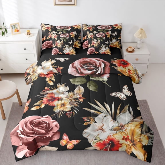Manfei Teens Girls Flying Butterflies Bedding Comforter Set 7-Piece,Chic Floral Flowers King Bedding Sets,Spring Garden Ultra Soft Bed Sheets,Ultra Soft Home Decor,Reversible