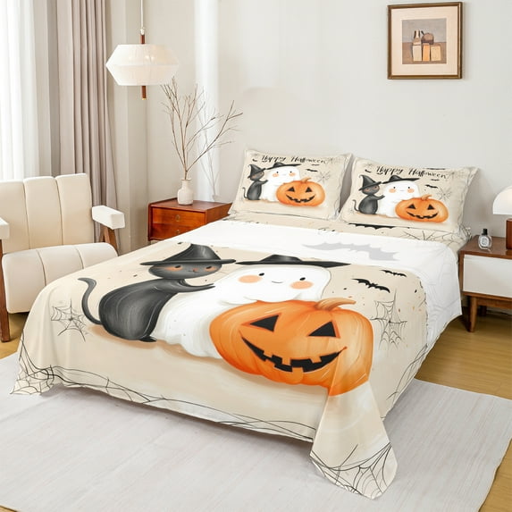 Manfei Teens Happy Halloween Bed Sheets, Magic Black Cat King Sheets, Cartoon Ghost Pumpkin Sheet Set, Super Cozy Room Decor, 4 Pieces