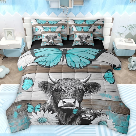Manfei Teens Highland Bull Bedding Comforter Set 7 Pieces, Dreamy Butterfly Animal Full Bedding Set, Vibrant Groovy Floral Reversible Fitted Sheet Flat Sheet, Lightweight Room Decor