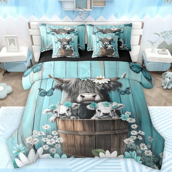 Manfei Teens Highland Bull Bedding Comforter Set 7pcs, Dreamy Butterfly Animal King Bedding Sets, Vibrant Groovy Floral Reversible Bed Sheets, Luxury Bedroom Decor