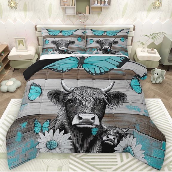 Manfei Teens Highland Bull Queen Comforter Set, Dreamy Butterfly Animal Bedding Sets, Vibrant Groovy Floral Reversible Bedding Comforter Set, Lightweight Room Decor, 3-Piece
