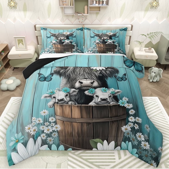 Manfei Teens Highland Bull Queen Comforter Set, Dreamy Butterfly Animal Bedding Sets, Vibrant Groovy Floral Reversible Bedding Comforter Set, Luxury Bedroom Decor, 3pcs