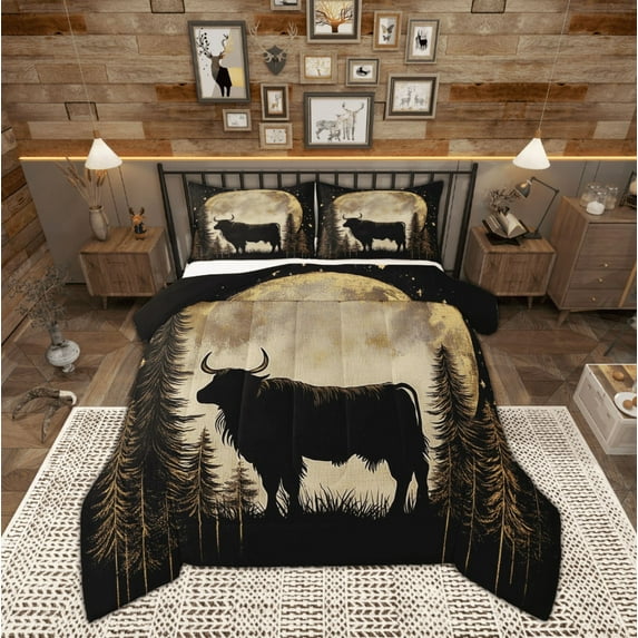 Manfei Teens Highland Cow Queen Comforter Set, Farmhouse Animal Bedding Sets, Rustic Countryside Reversible Bedding Comforter Set, Breathable Home Decor, 3pcs