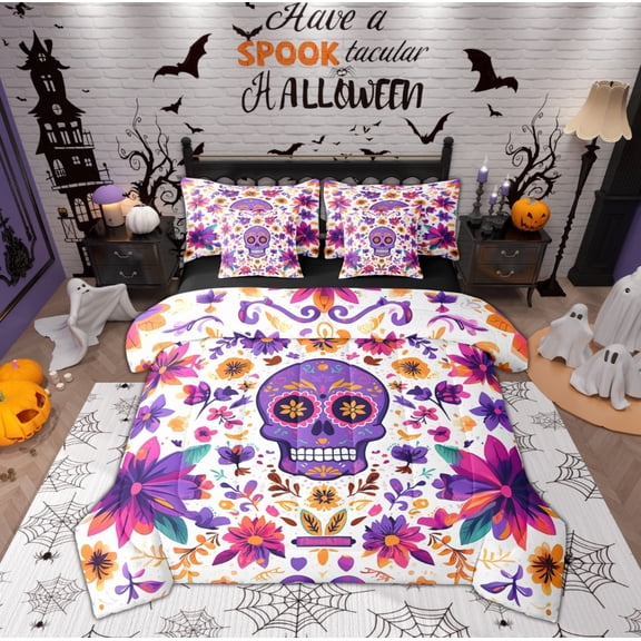 Manfei Teens Hippie Skeleton Bedding Comforter Set 7-Piece, Bohemian Flower Floral King Bedding Sets, Western Theme Reversible Bed Sheets, Microfiber Bedroom Decor