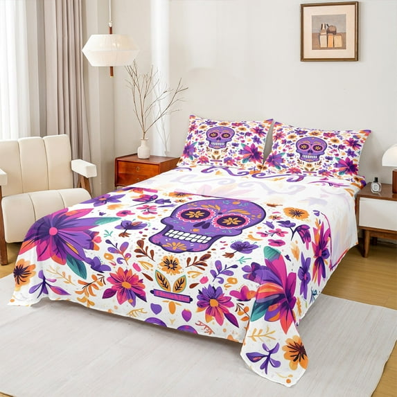 Manfei Teens Hippie Skeleton Twin Sheet Sets, Bohemian Flower Floral Twin Fitted Sheet, Western Theme Flat Sheet, Microfiber Bedroom Decor, 3 Pieces