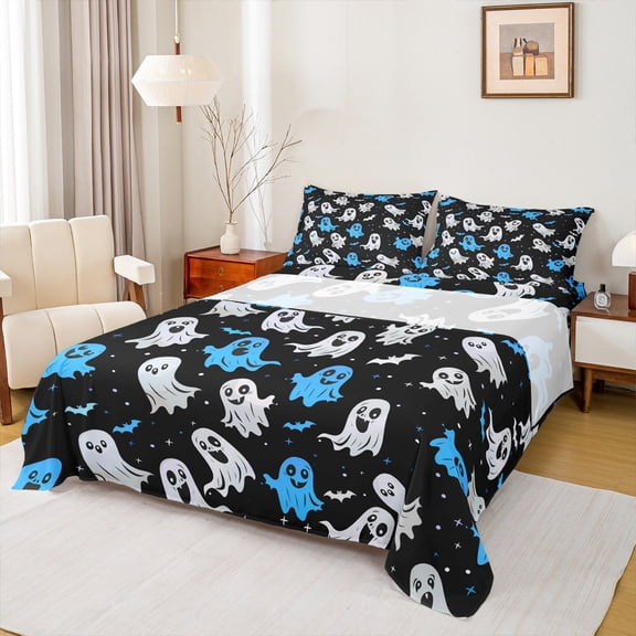Manfei Teens Horror Ghost Bed Sheets, Happy Halloween King Sheets, Gothic Cartoon Theme Sheet Set, Breathable Home Decor, 4pcs