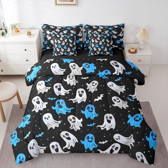 Manfei Teens Horror Ghost Bedding Comforter Set 7-Piece, Happy Halloween King Bedding Sets, Gothic Cartoon Theme Reversible Bed Sheets, Breathable Home Decor