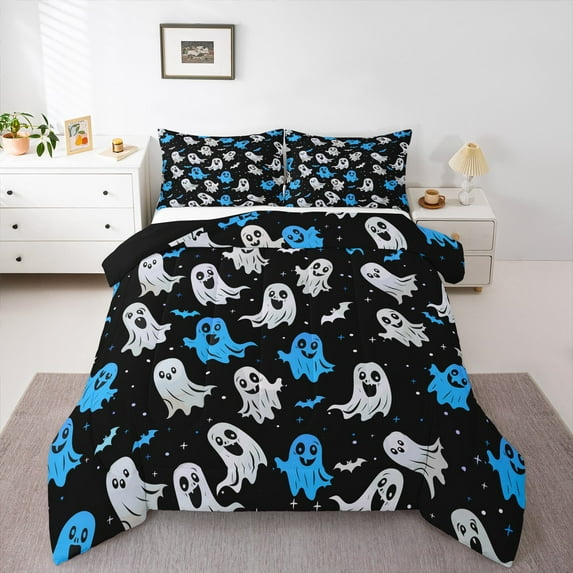 Manfei Teens Horror Ghost Full Size Comforter Sets, Happy Halloween Bedding Comforter Set, Gothic Cartoon Theme Reversible Bedding Sets, Breathable Home Decor, 3pcs