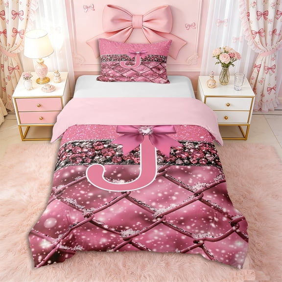 Manfei Teens Kawaii Bow Letter J Monogrammed Twin Bedding,Kids Girls Dreamy Princess Bowknot Alphabet Duvet Cover Set,2pcs,No Comforter,Pink Reversible,Super Cozy Room Decor