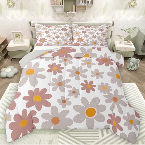 Manfei Teens Kawaii Floral Bedding Comforter Set, Grey Groovy Daisy Flower Twin Comforter Sets, Cute Princess Cartoon Reversible Bedding Set, Luxury Bedroom Decor, 2 Pieces