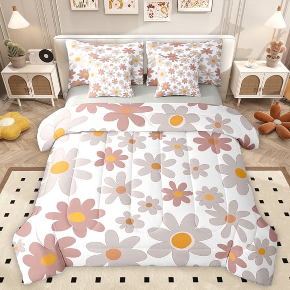 Manfei Teens Kawaii Floral Twin Bedding Sets 7-Piece, Grey Groovy Daisy Flower Bedding Comforter Set, Cute Princess Cartoon Reversible Sheet Sets, Luxury Bedroom Decor