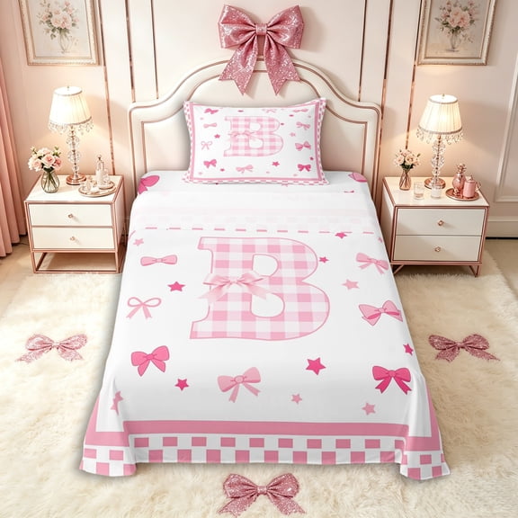 Manfei Teens Kawaii Grid Letter Monogrammed B Twin Sheet Sets 3pcs,Kids Girls Cartoon Plaid Bowknot Bedding,Breathable Home Decor
