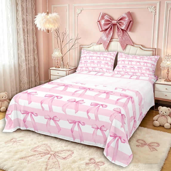 Manfei Teens Kawaii Ribbon Bow Tie Full Size Sheets 4-Piece,Kids Girls Geometric Stripes Bed Sheets,Ultra Soft Home Decor