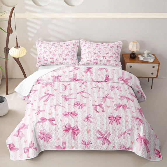 Manfei Teens Kawaii Ribbon Bow Tie Twin Quilt Set,Girls Geometric Stripes Love Heart Twin Coverlet Set