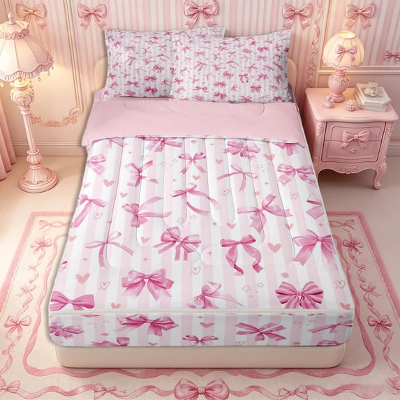 Manfei Teens Kawaii Ribbon Bow Tie Zipper Full Size Comforter Sets with Fitted Sheet and 2 Pillowcases,Geometric Stripes Love Heart Zipper Bedding Set,4pcs,Reversible