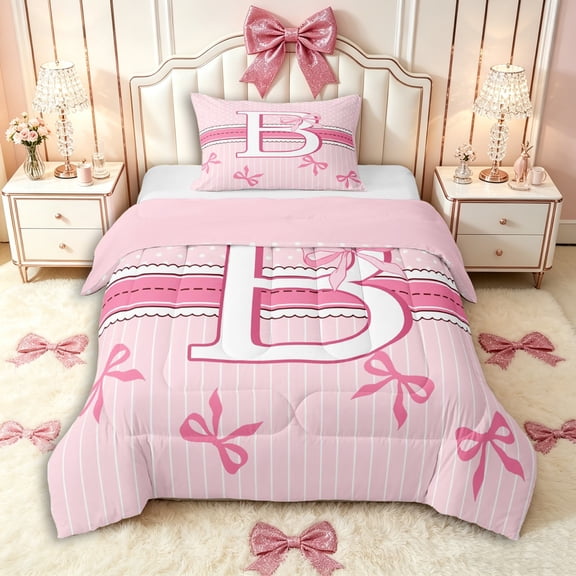Manfei Teens Kawaii Ribbon Bowknot Personalized Initial B Twin Comforter Sets 3-Piece,Girls Romantic Stripes Polka Dots Bedding Set,Pink Reversible,Super Cozy Room Decor