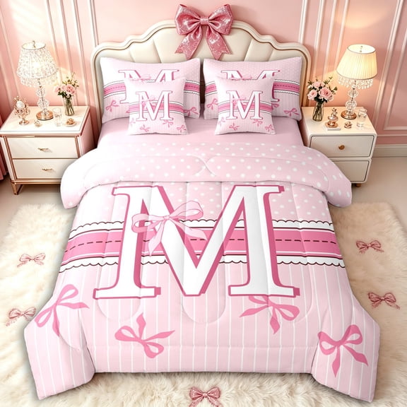 Manfei Teens Kawaii Ribbon Bowknot Personalized Initial M Bedding Comforter Set 7 Pieces,Girls Romantic Stripes Polka Dots Full Bedding Set,Pink Reversible,Breathable Home Decor