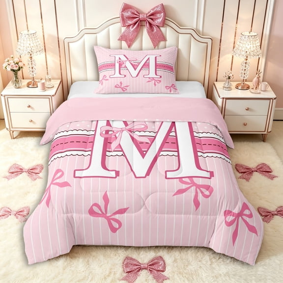Manfei Teens Kawaii Ribbon Bowknot Personalized Initial M Twin Comforter Sets 3-Piece,Girls Romantic Stripes Polka Dots Bedding Set,Pink Reversible,Breathable Home Decor