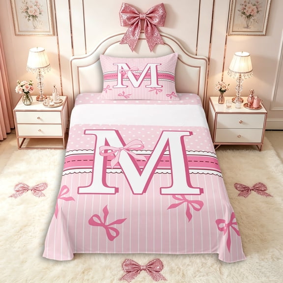 Manfei Teens Kawaii Ribbon Bowknot Personalized Initial M Twin Sheet Sets 3pcs,Girls Romantic Stripes Polka Dots Bedding,Breathable Home Decor