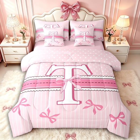 Manfei Teens Kawaii Ribbon Bowknot Personalized Initial T Twin Bedding Sets 7-Piece,Girls Romantic Stripes Polka Dots Bedding Comforter Set,Pink Reversible,Super Cozy Room Decor