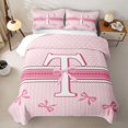 thumbnail image 1 of Manfei Teens Kawaii Ribbon Bowknot Personalized Initial T Twin Quilt Set,Girls Romantic Stripes Polka Dots Twin Coverlet Set, 1 of 7