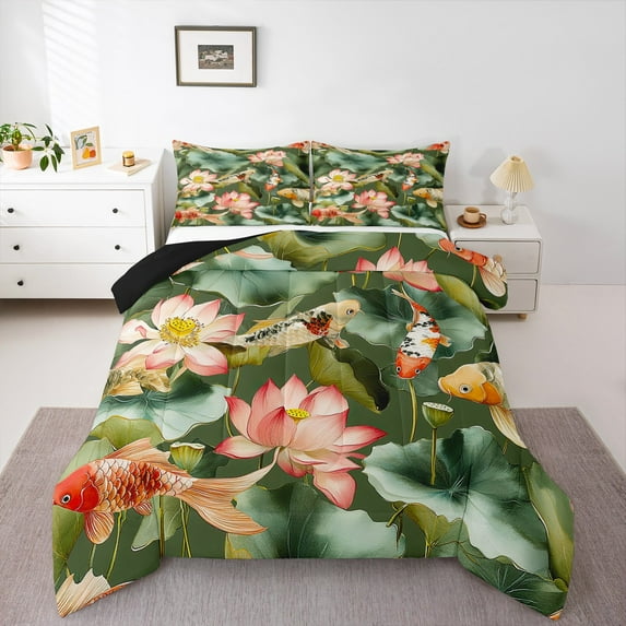 Manfei Teens Lotus Flowers 2pcs Bedding Comforter Set,Animal Koi Twin Comforter Sets,Chic Flower Breathable Bedding Set,Ultra Soft Home Decor,Reversible