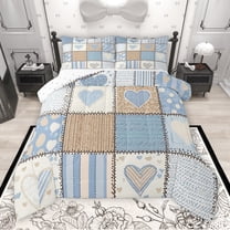Manfei Teens Love Heart Bedding Comforter Set, Vintage Stripes Art Twin Comforter Sets, Blue Patchwork Plaid Reversible Bedding Set, Luxury Bedroom Decor, 2 Pieces