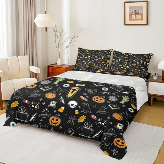 Manfei Teens Magic Pumpkin Full Size Sheets, Gothic Bat Crow Print Bed Sheets, Sugar Halloween Sheet Sets, Microfiber Bedroom Decor, 4 Pieces