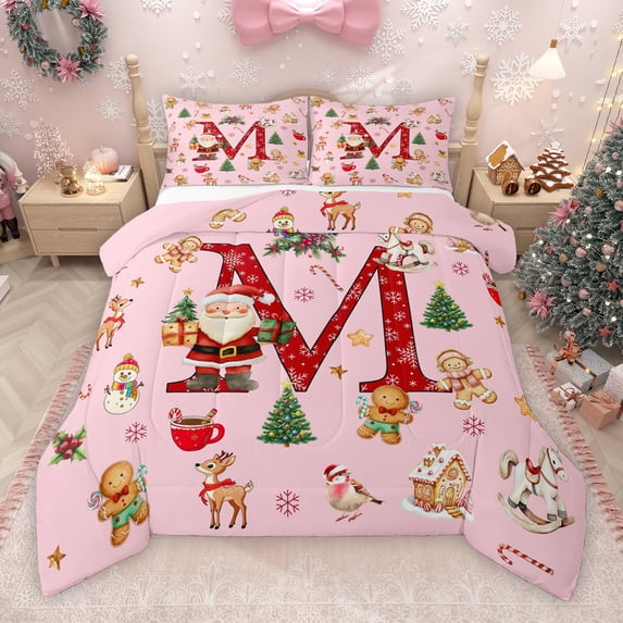 Manfei Teens Merry Christmas Bedding Comforter Set, Snowflake Initial Letter M Twin Comforter Sets, Girly Pink Princess Cartoon Reversible Bedding Set, Luxury Bedroom Decor, 2 Pieces